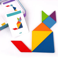 Puzzle Tangram en Bois — coffret 7 pièces & cartes-modèles, dès 3 ans