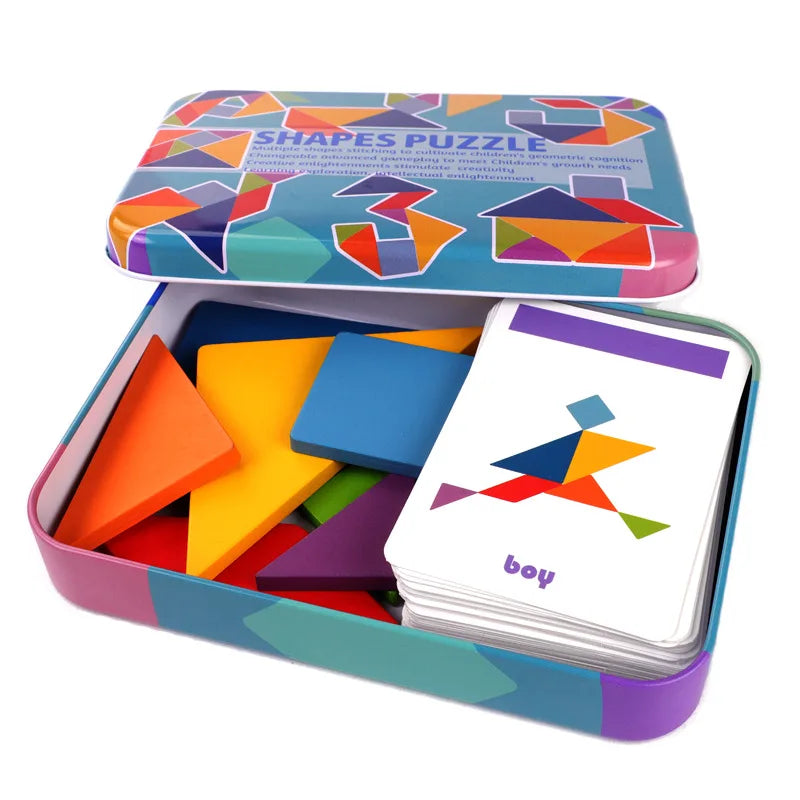 Puzzle Tangram en Bois — coffret 7 pièces & cartes-modèles, dès 3 ans