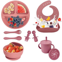 Ensemble Repas Bébé en Silicone — bol ventouse, assiette, tasse & couverts, dès 6 mois