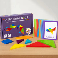 Tangram en Bois Montessori — 7 pièces & deck de cartes-défis, dès 3 ans