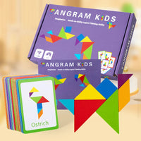 Tangram en Bois Montessori — 7 pièces & deck de cartes-défis, dès 3 ans