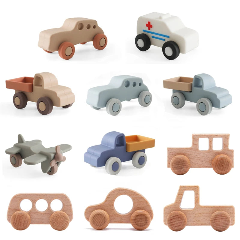 Petites Voitures d'Éveil Silicone & Bois — à mâchouiller et à rouler, dès 1 an