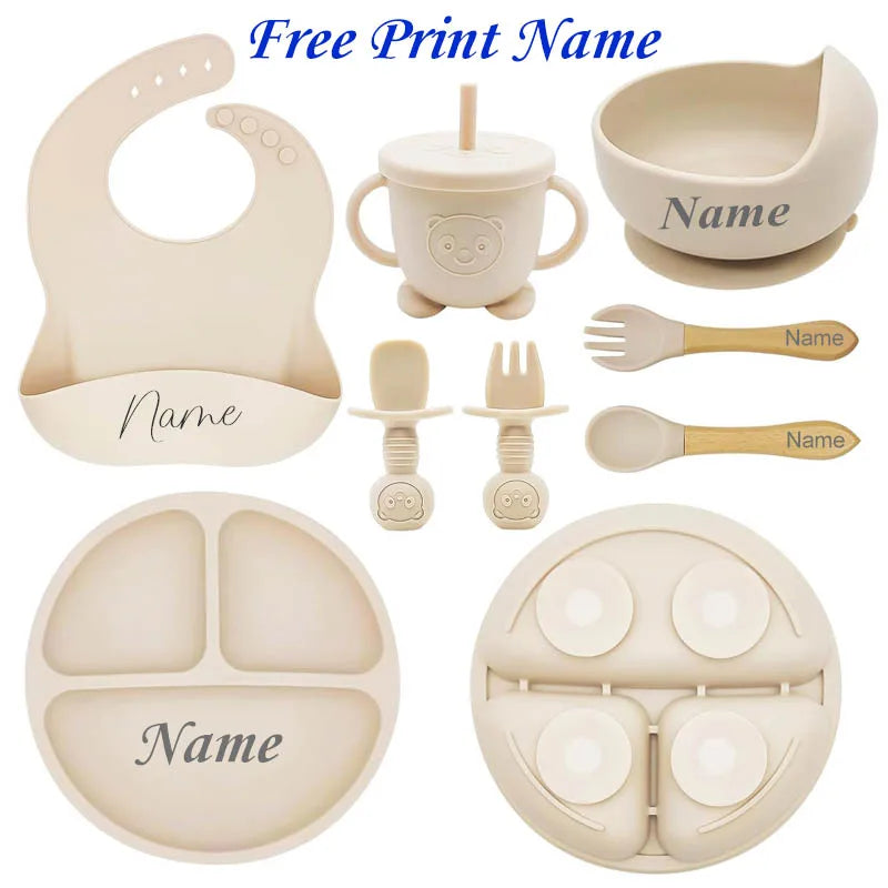 Ensemble Repas Bébé Personnalisé — prénom gravé, silicone sans BPA, cadeau de naissance