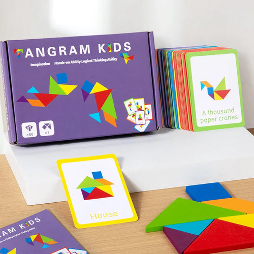Tangram en Bois Montessori — 7 pièces & deck de cartes-défis, dès 3 ans