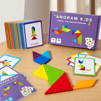 Tangram en Bois Montessori — 7 pièces & deck de cartes-défis, dès 3 ans