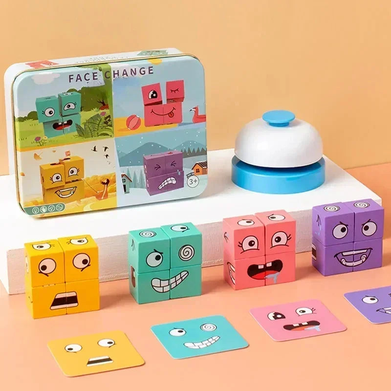Jeu des Émotions « Face Change » — cubes en bois & cloche, dès 3 ans