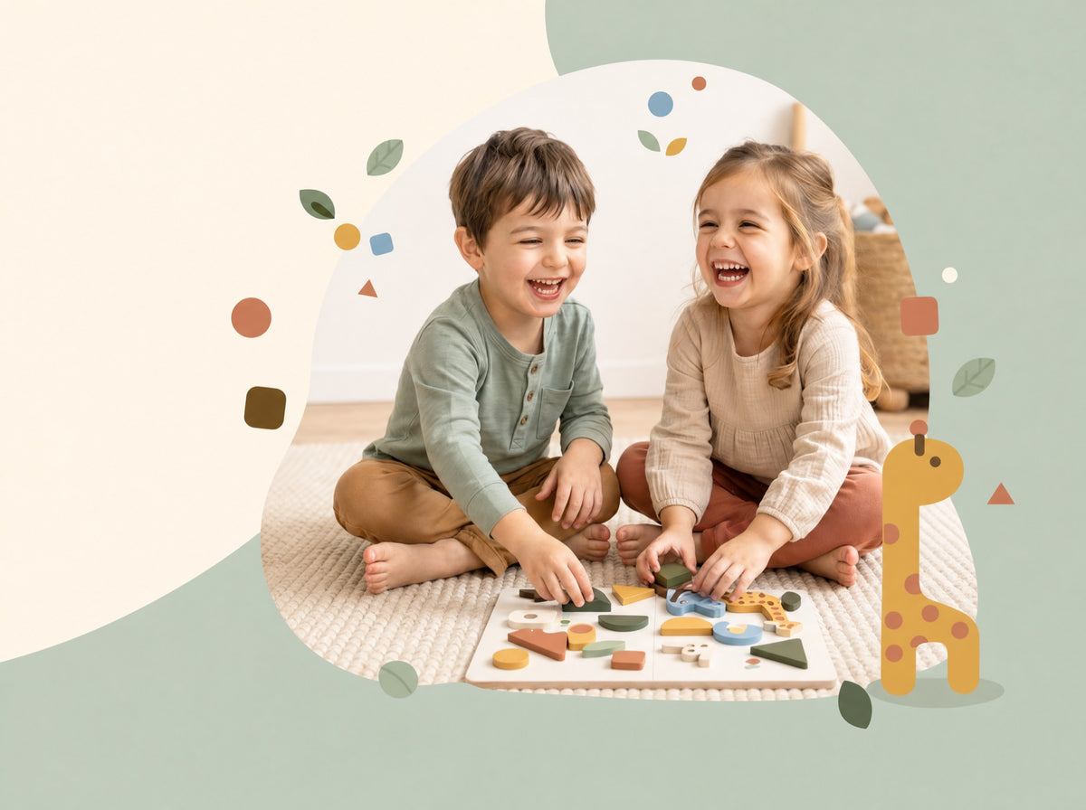 Deux enfants qui rient en jouant à un puzzle en bois — MiniMondes