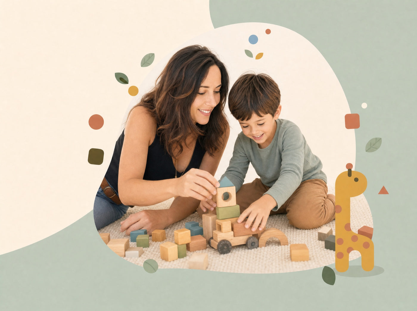 Une maman et son enfant jouent aux cubes en bois, entourés de motifs MiniMondes