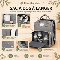 Sac à dos à langer MiniMondes — poches, isotherme, tissu déperlant