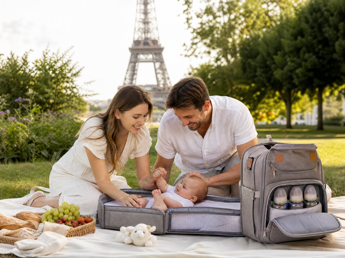 Pique-nique en famille — le couchage et le sac déployés